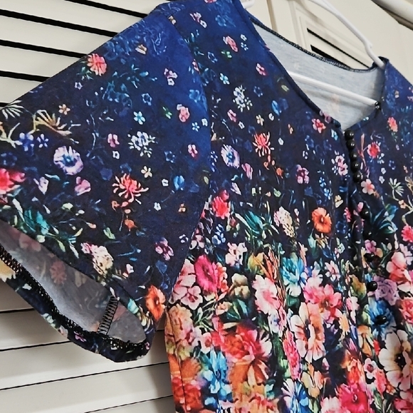 Floral Navy Women's Top - Large, Blue, Pink, Orange, Purple, Yellow - Picture 2 of 7